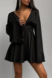 Satin Deep V Backless Flare-Sleeve Silk Dress 3