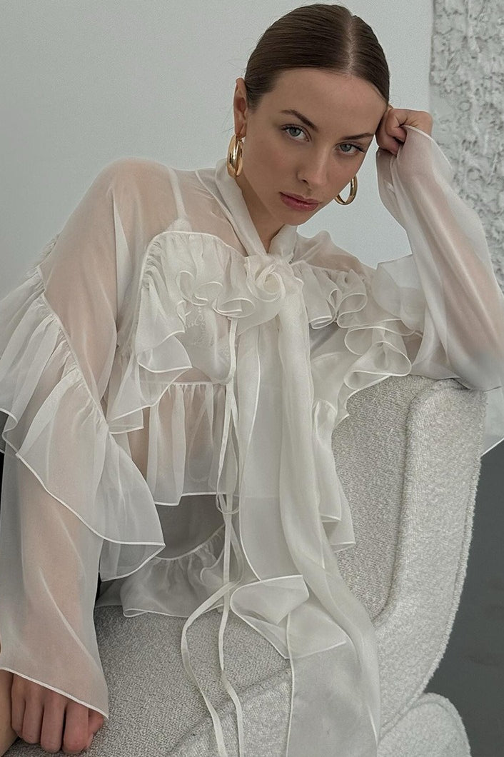 Sheer Organza Ruffle Trim Tie Front Long Scarf Panel Blouse 4