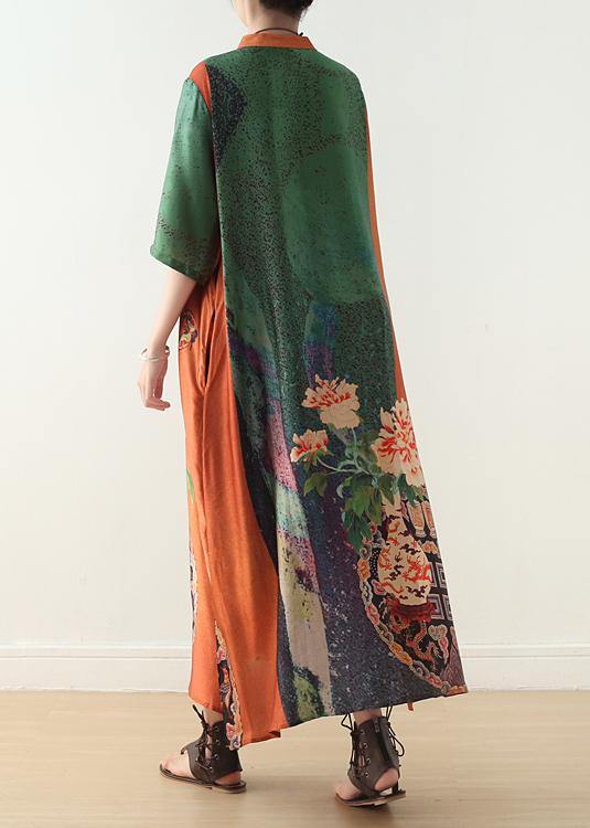 Floral Vase Print Mandarin Collar Half Sleeve Colorblock Linen Blend Maxi Dress