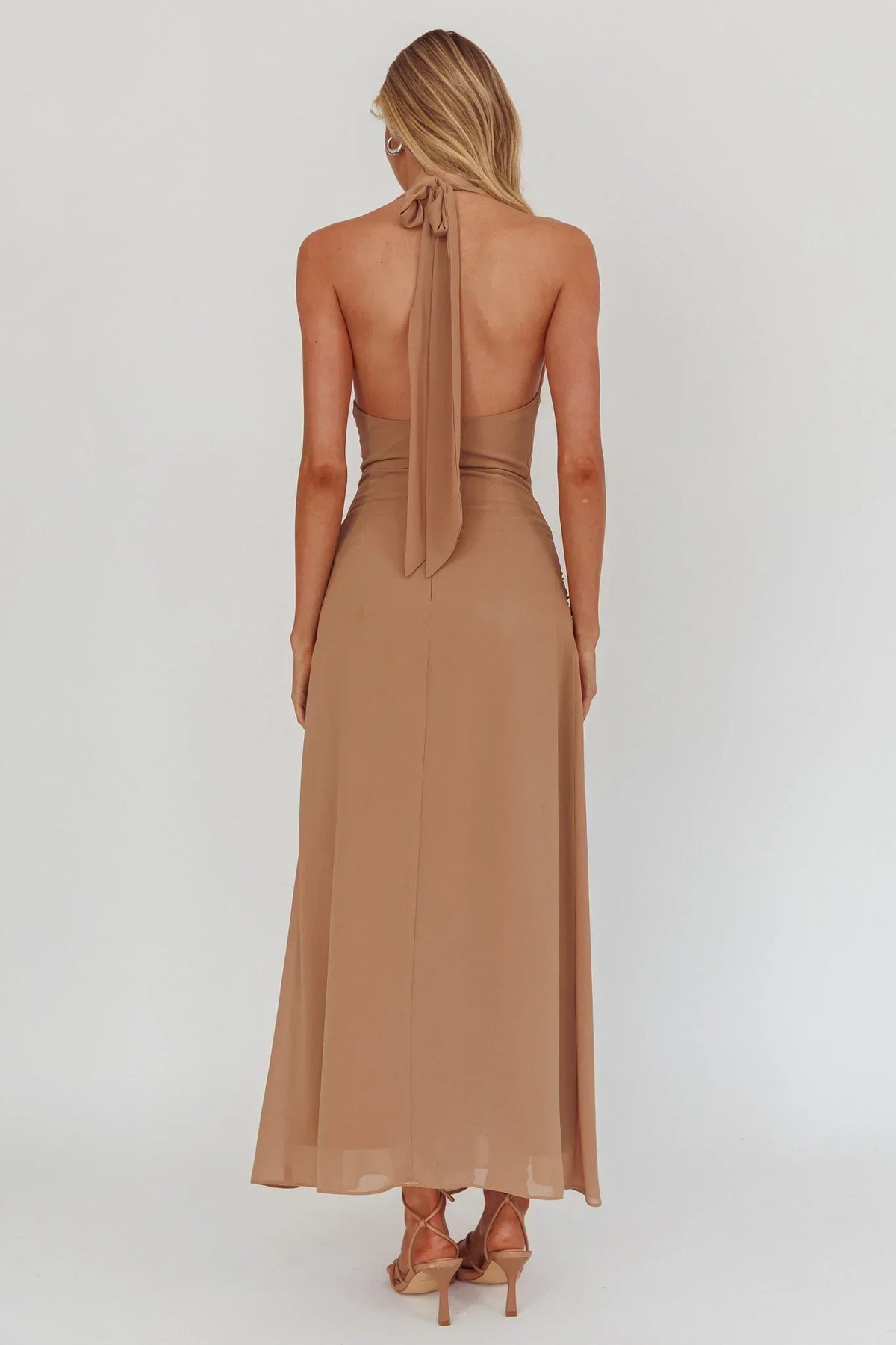 Chiffon Cowl Neck Halter Tie Front Drop Waist Maxi Dress 2