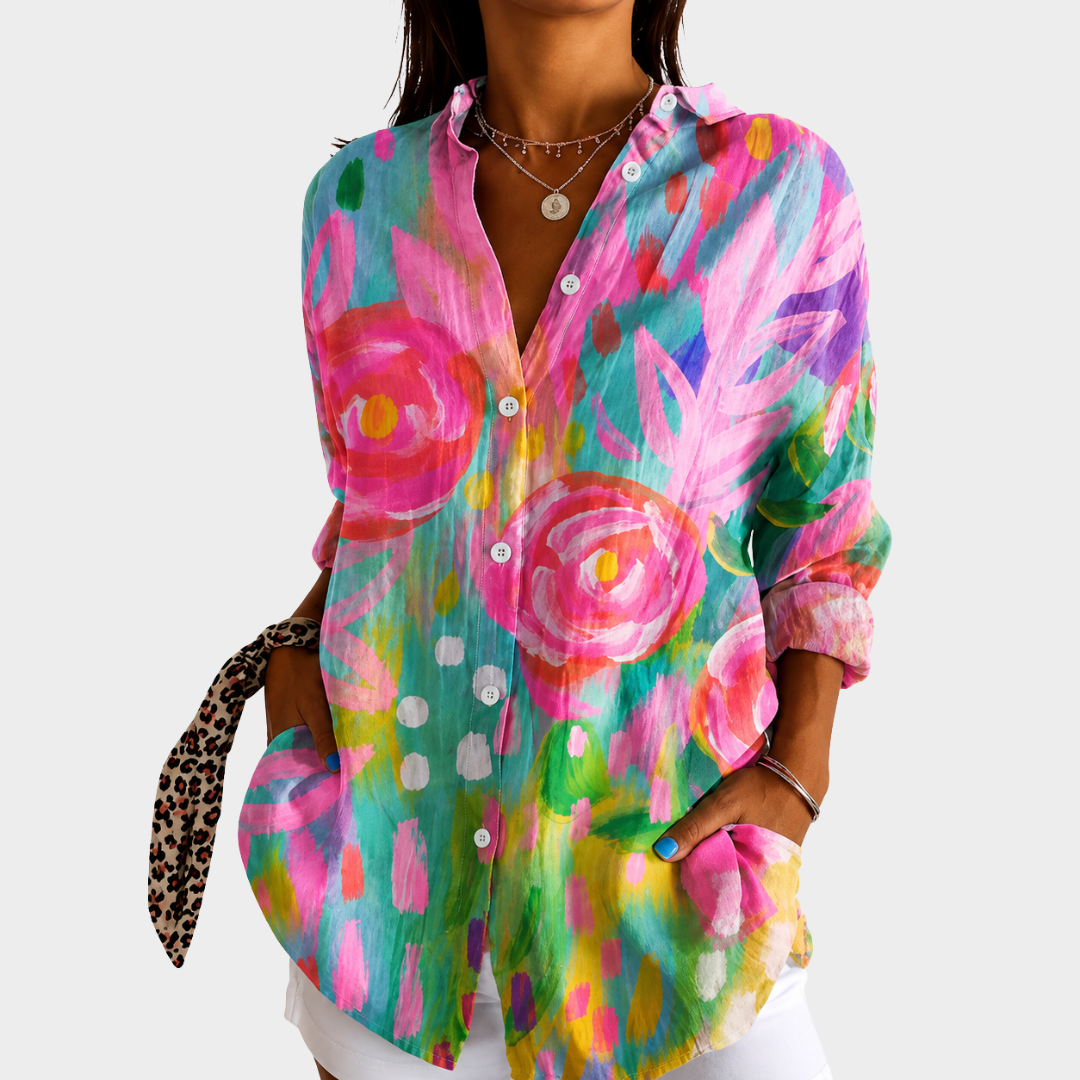 Floral Print Button Front Collared Long Sleeve Shirt