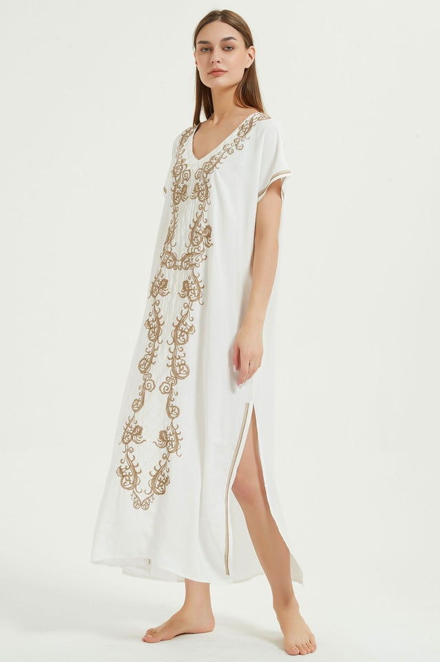 Embroidered V-Neck Short Sleeve Kaftan Maxi Dress 41