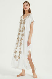 Embroidered V-Neck Short Sleeve Kaftan Maxi Dress 41