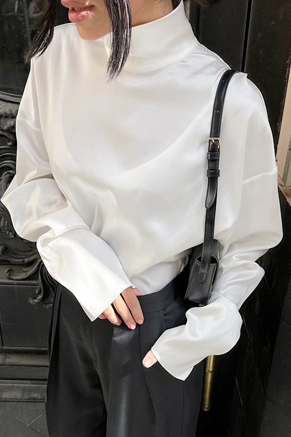 Matte Satin Turtleneck Long Sleeve Blouse