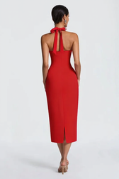 Solid Halter Neck Tie Back Midi Party Dress