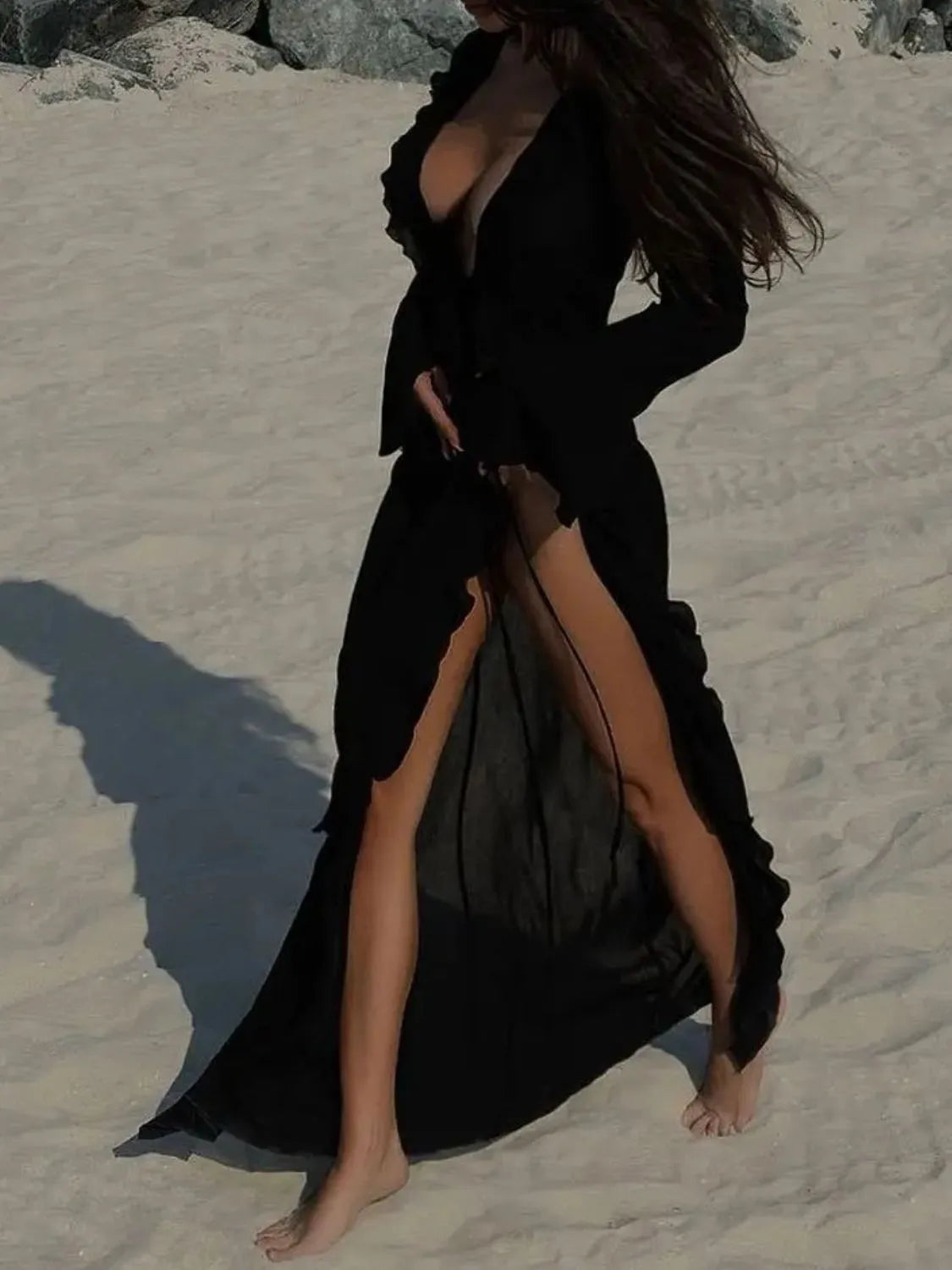 Ruffled Long Sleeve Cover-Up Dress Black