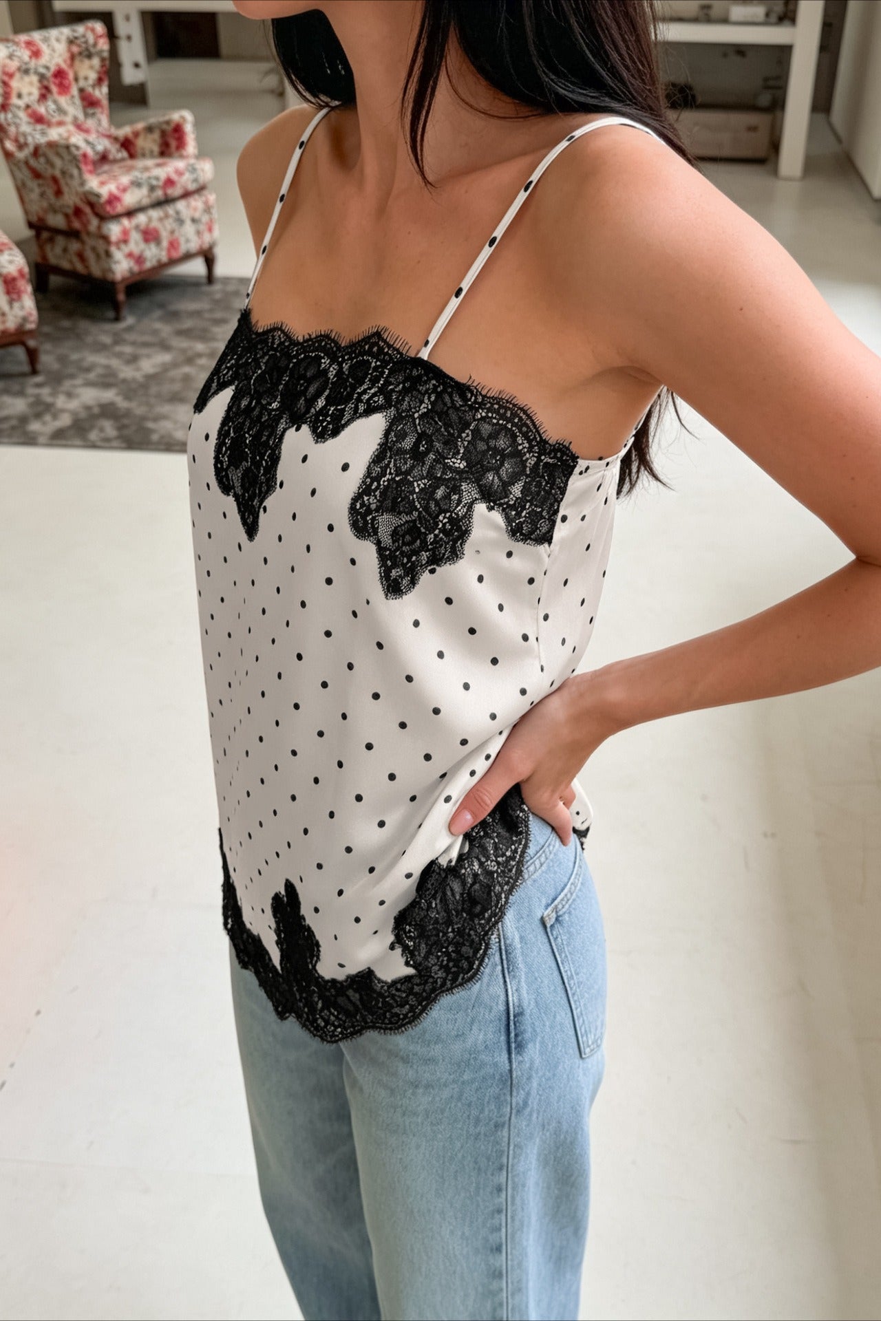 Polka Dot Contrast Lace Cami Top