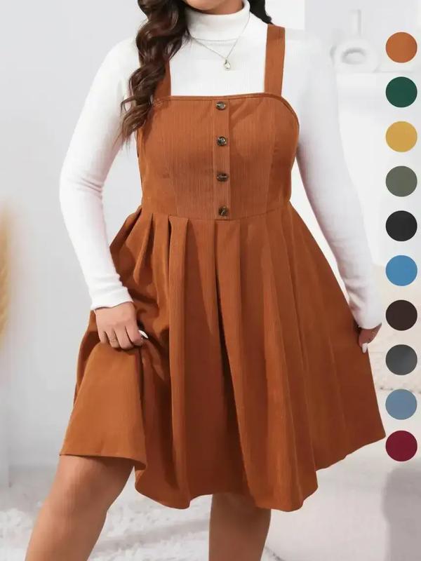 Corduroy Pinafore Square Neck Pleated A-Line Mini Dress