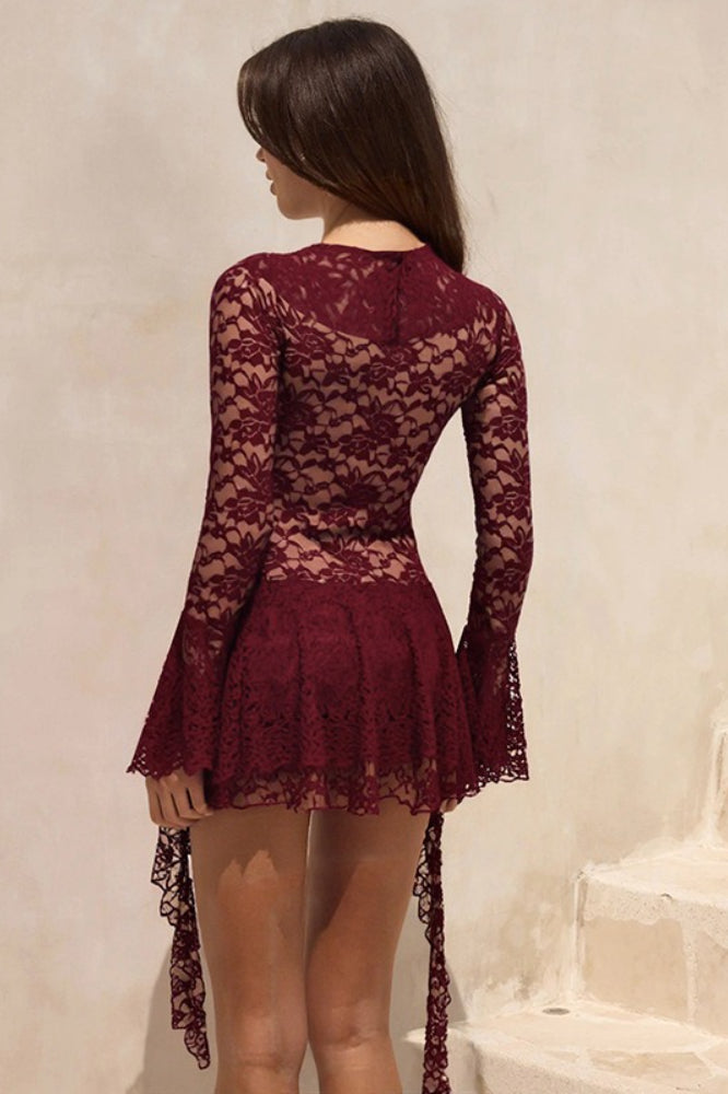 Lace Ruffle Ribbon Long Sleeve Mini Lace Dress