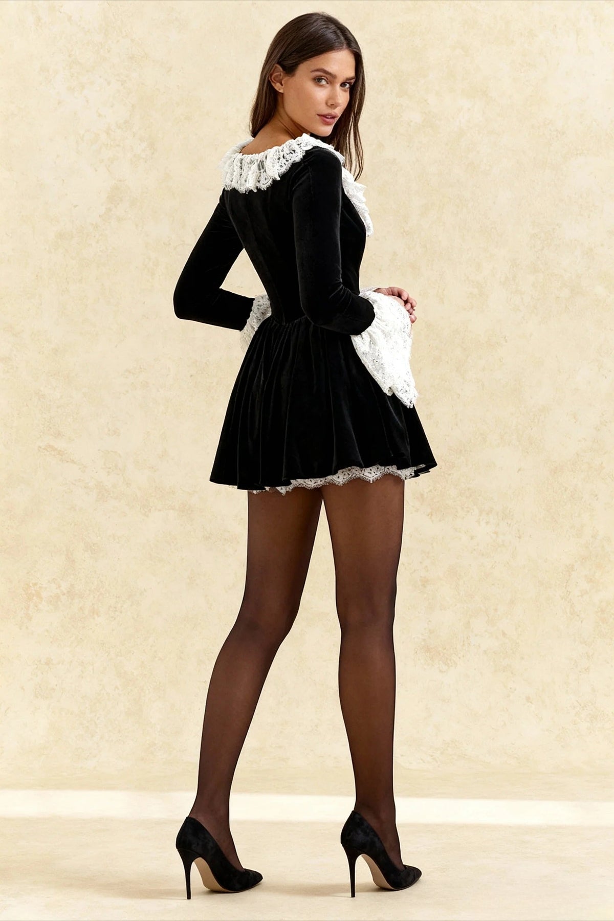 Velvet Square Neck Lace Trim Flared Sleeve Corset Waist Mini Dress 2