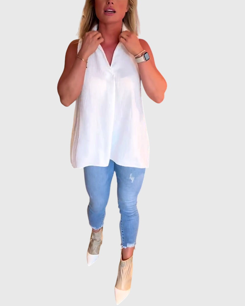 Collared Sleeveless High Low Blouse