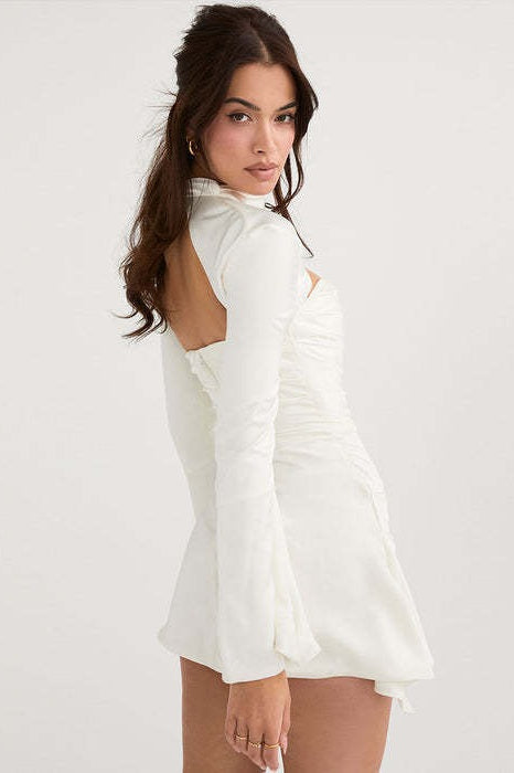 Knit Mock Neck Chest Cut Out Ruched Bell Sleeve Mini Cocktail Dress