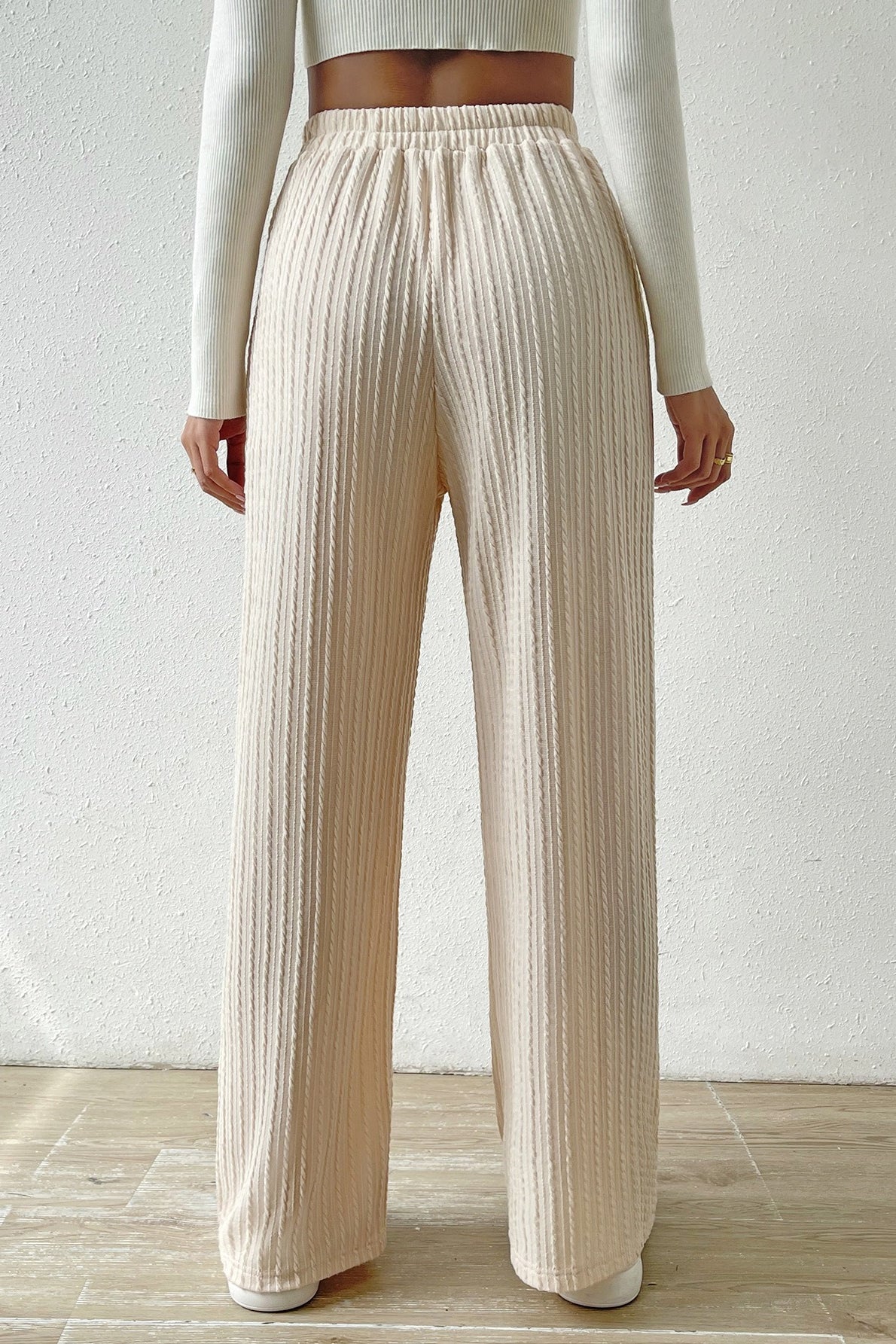 Elastic High Waist Drawstring Cable Textured Knit Wide Leg Pants 2