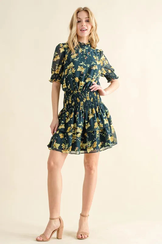 Floral Print Mock Neck Puff Sleeve Smocked Waist Tiered Mini Dress 5