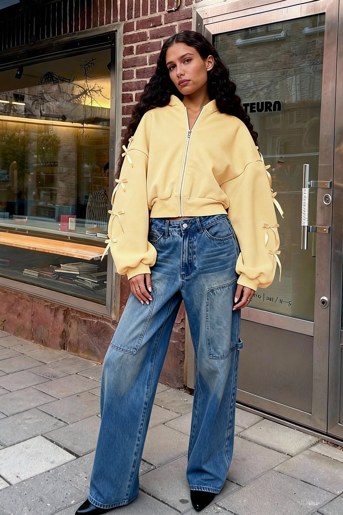 Bow Detail Sleeve Zip Up Cropped Hoodie Sweatshirt 2