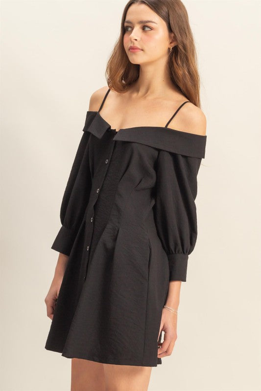 Off Shoulder Fold Over Collar Button Front Puff Sleeve Mini Dress 2