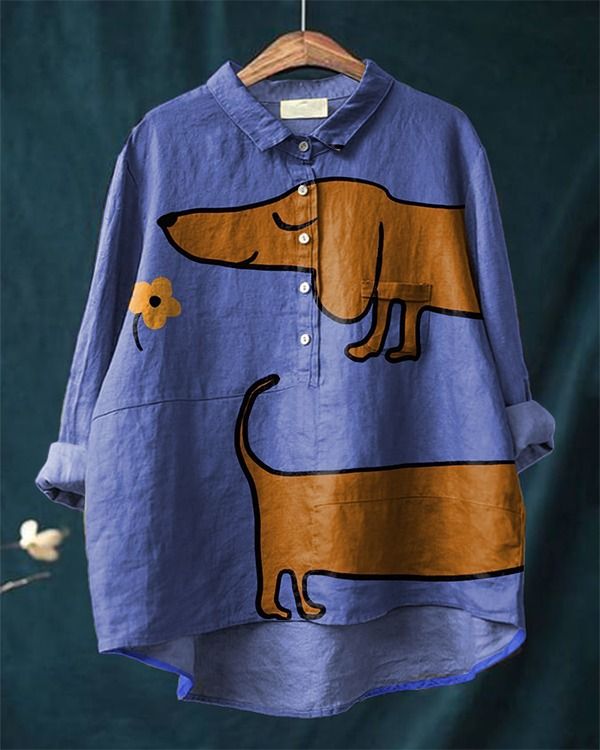 Dachshund Print Long Sleeve Button Front Linen Shirt