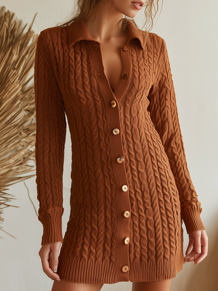 Caramel Cable Knit Button-Down Mini Dress