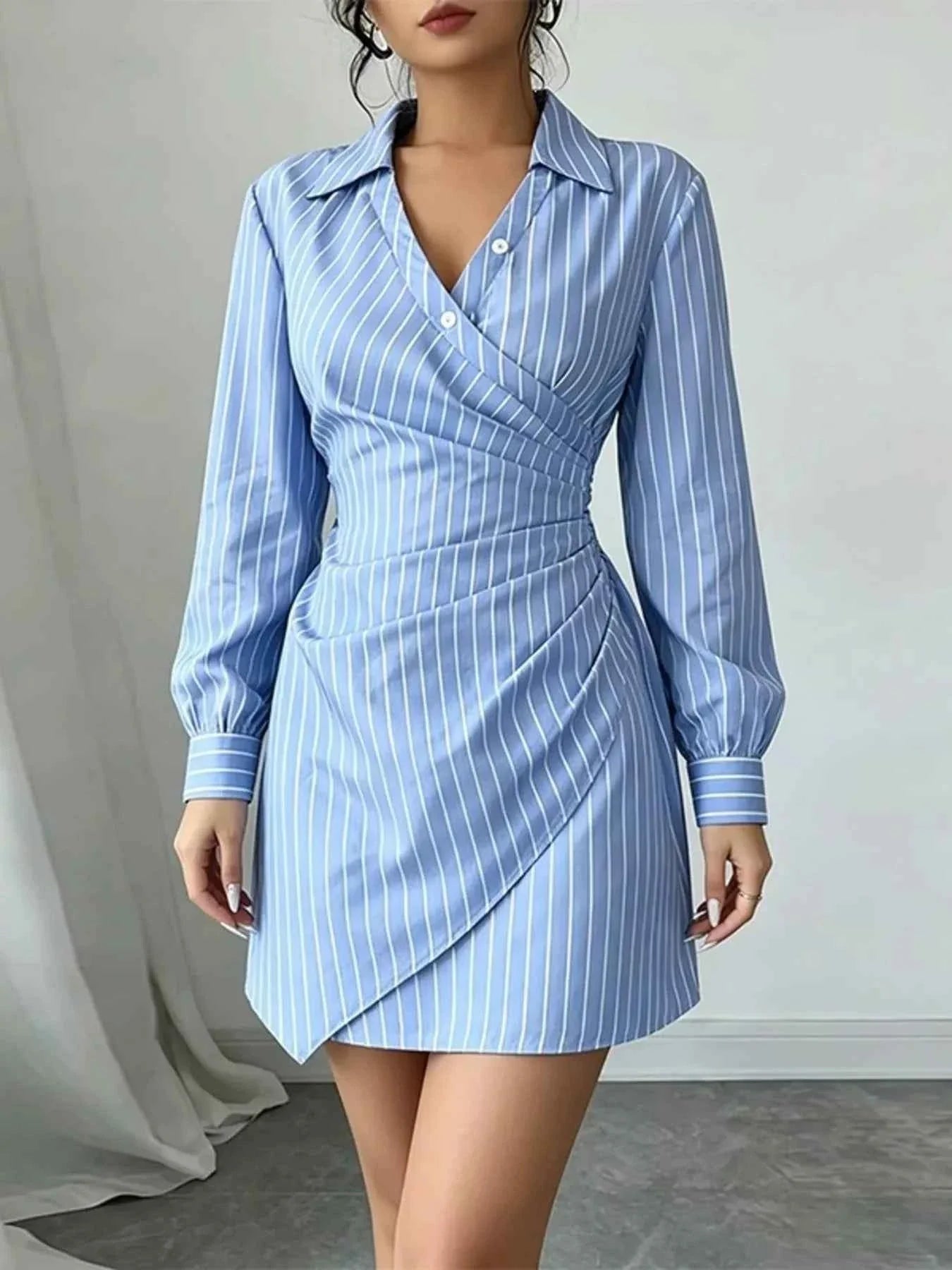 Full Size Striped Long Sleeve Shirt Dress Plus Size