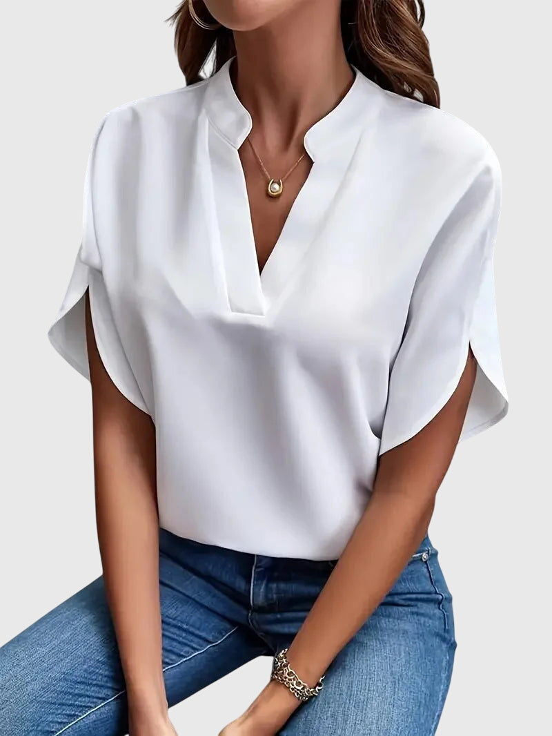 Split Neck Short Dolman Sleeve Satin Blouse