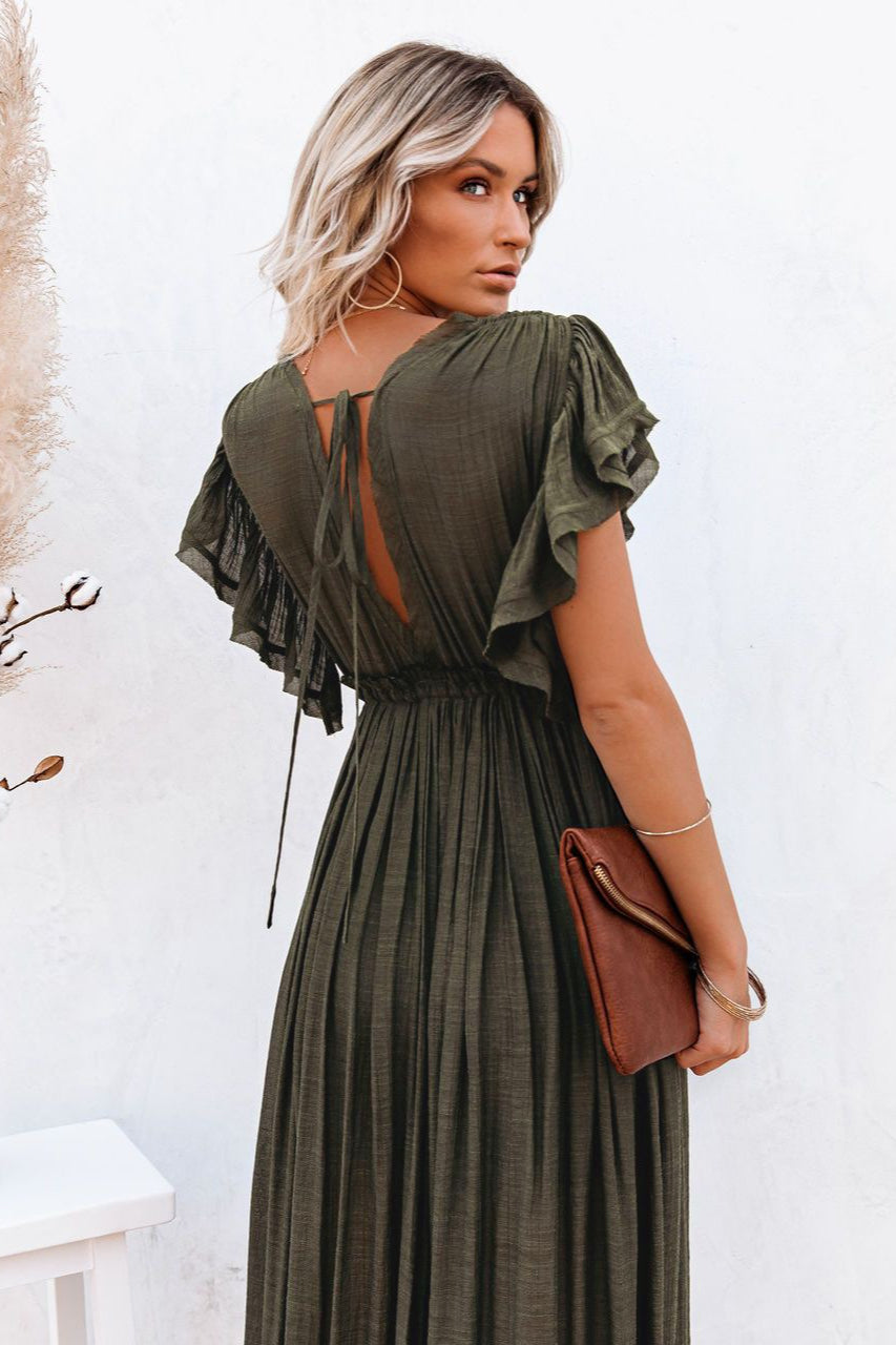 Button Front Drawstring Waist Maxi Boho Dress