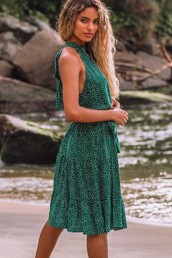 Dots Print Halter Neck Tie Waist Sleeveless Dress
