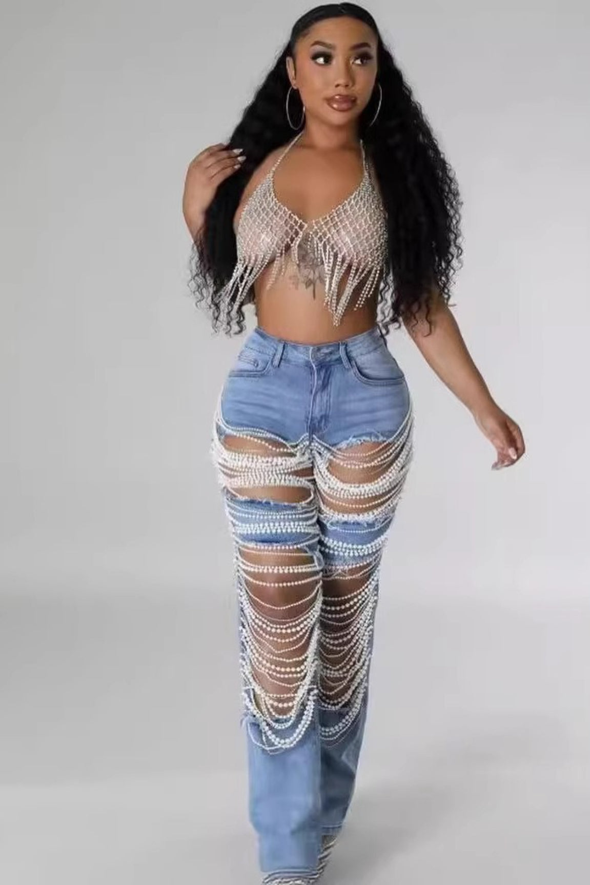High Waist Ripped Cut Out Faux Pearl Chain Straight Leg Jeans