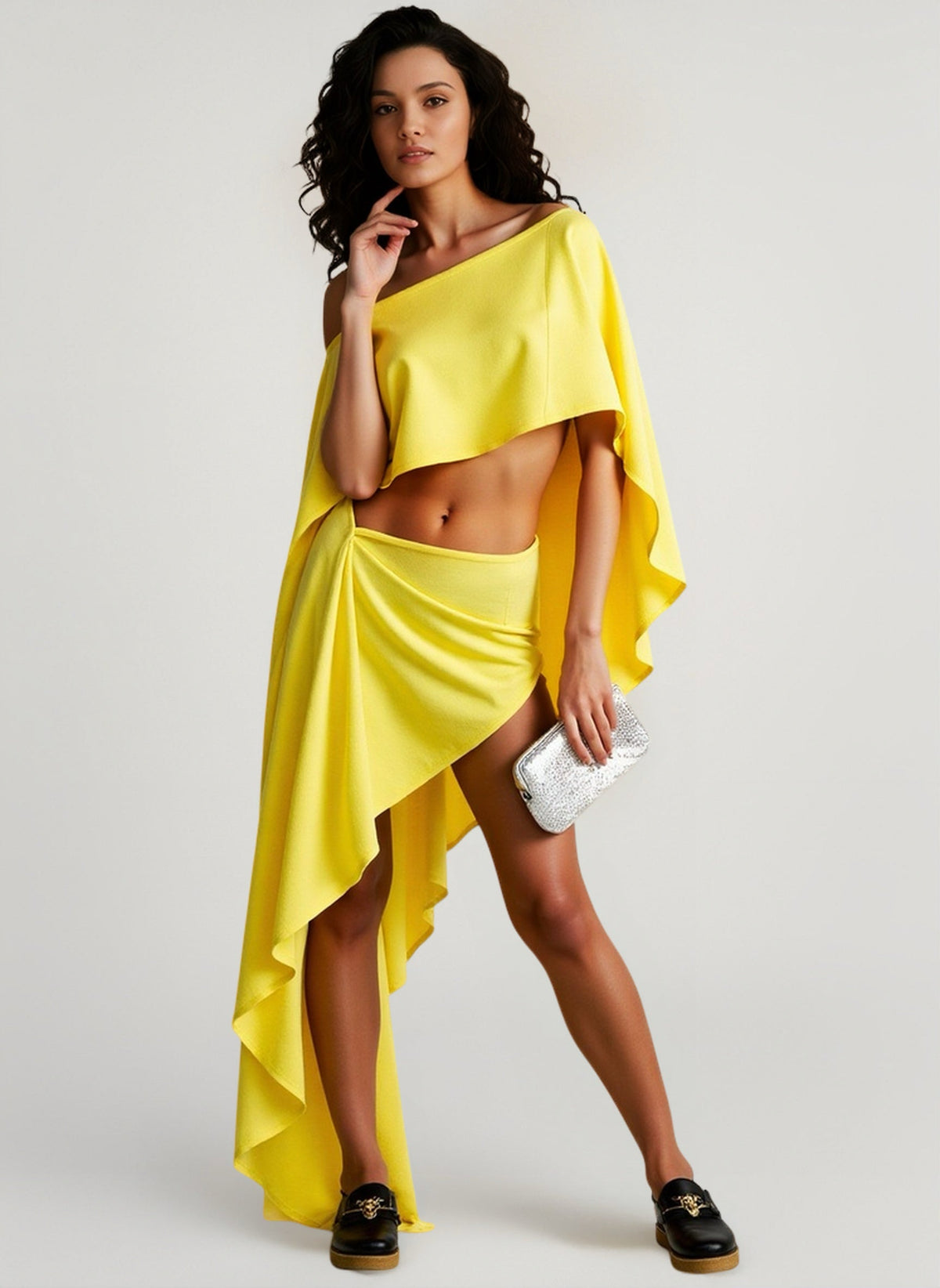 Off Shoulder Cape Crop Top and High Low Draped Skirt Two Piece Set 2