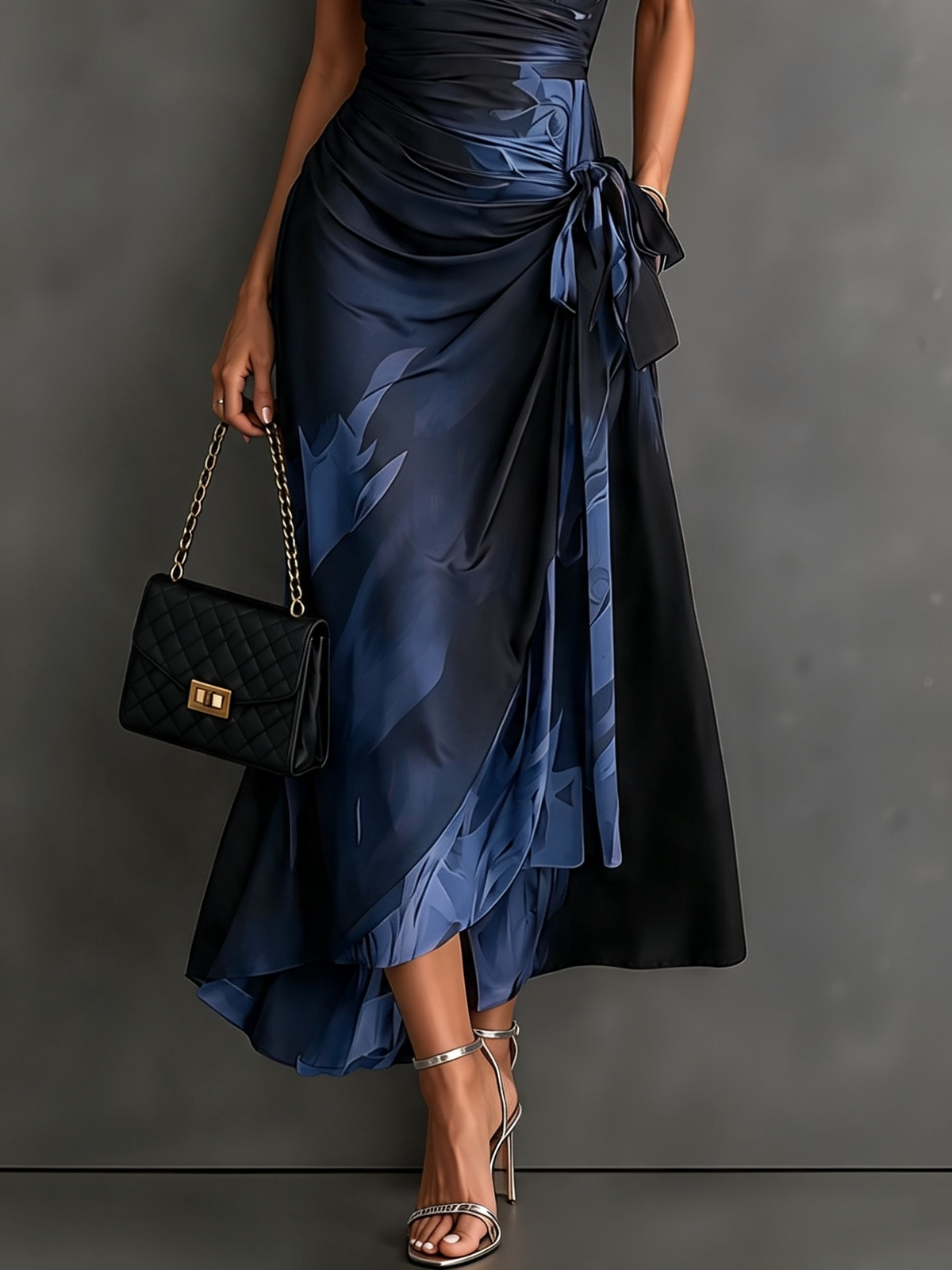 Abstract Print Collared Cap Sleeve Ruched Wrap Maxi Dress