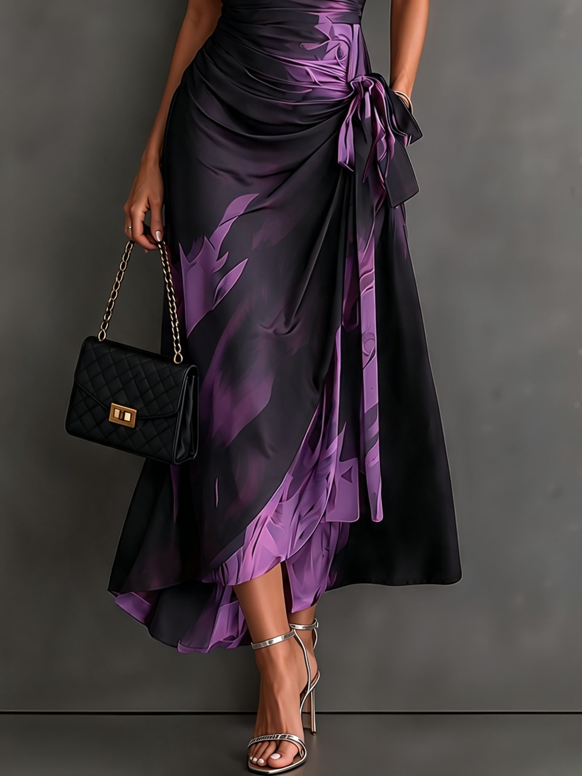 Abstract Print Collared Cap Sleeve Ruched Wrap Maxi Dress