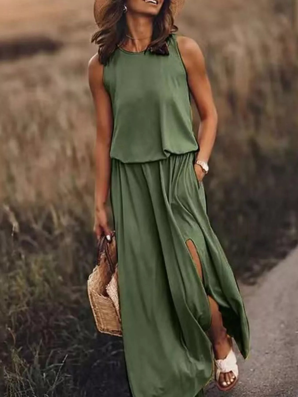 Round Neck Sleeveless Slit Maxi Dress