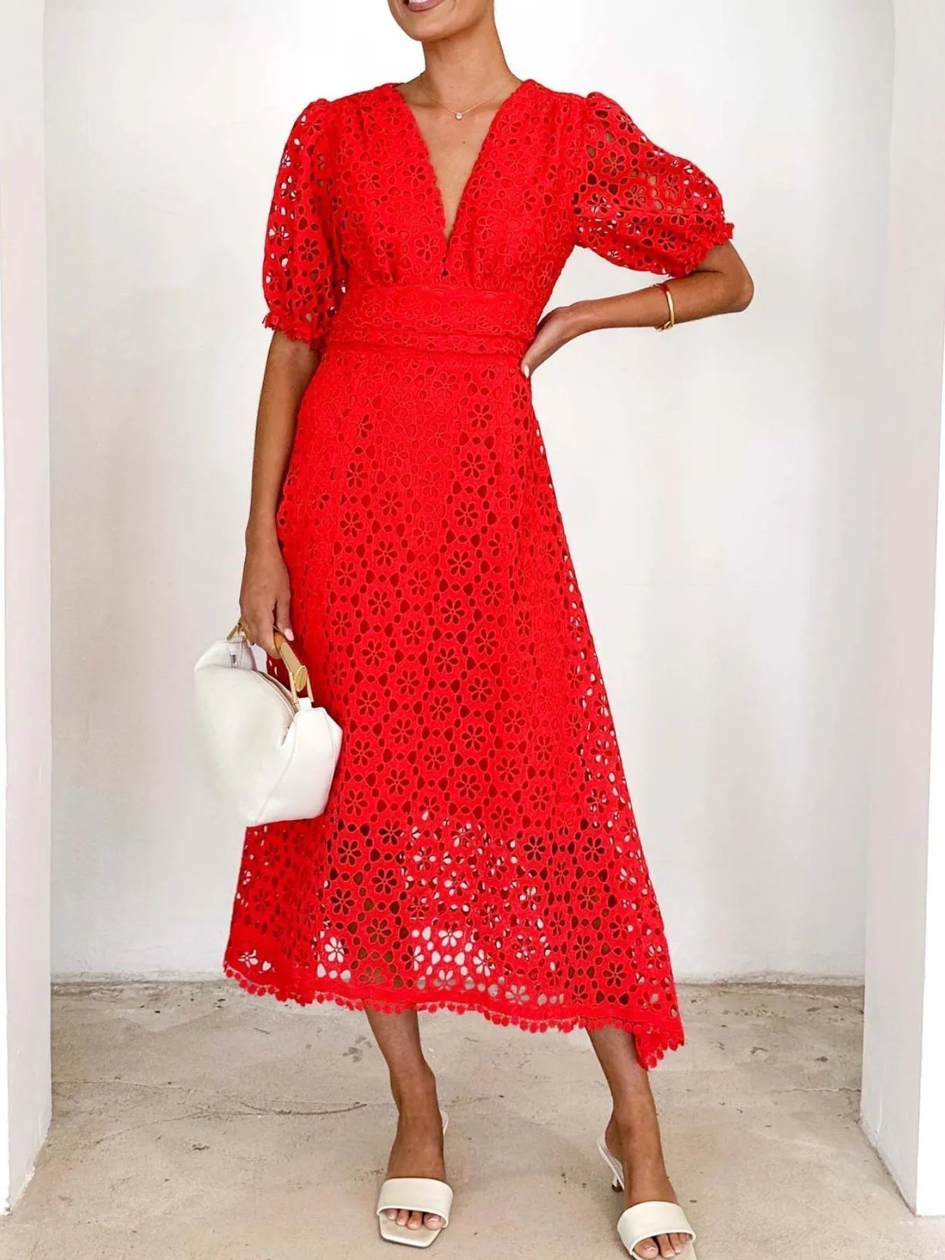 Exclusive Serena V Neck Lace Midi Dress with Puff Sleeves Chic Silhouette Collection