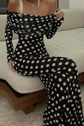 Off Shoulder Mesh Polka Dot Maxi Dress