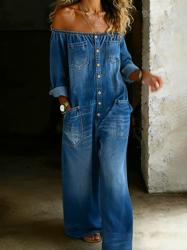 Off Shoulder Long Sleeve Button Front Wide Leg Denim Jumpsuit