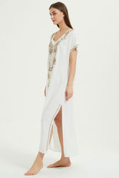 Embroidered V-Neck Short Sleeve Kaftan Maxi Dress 42