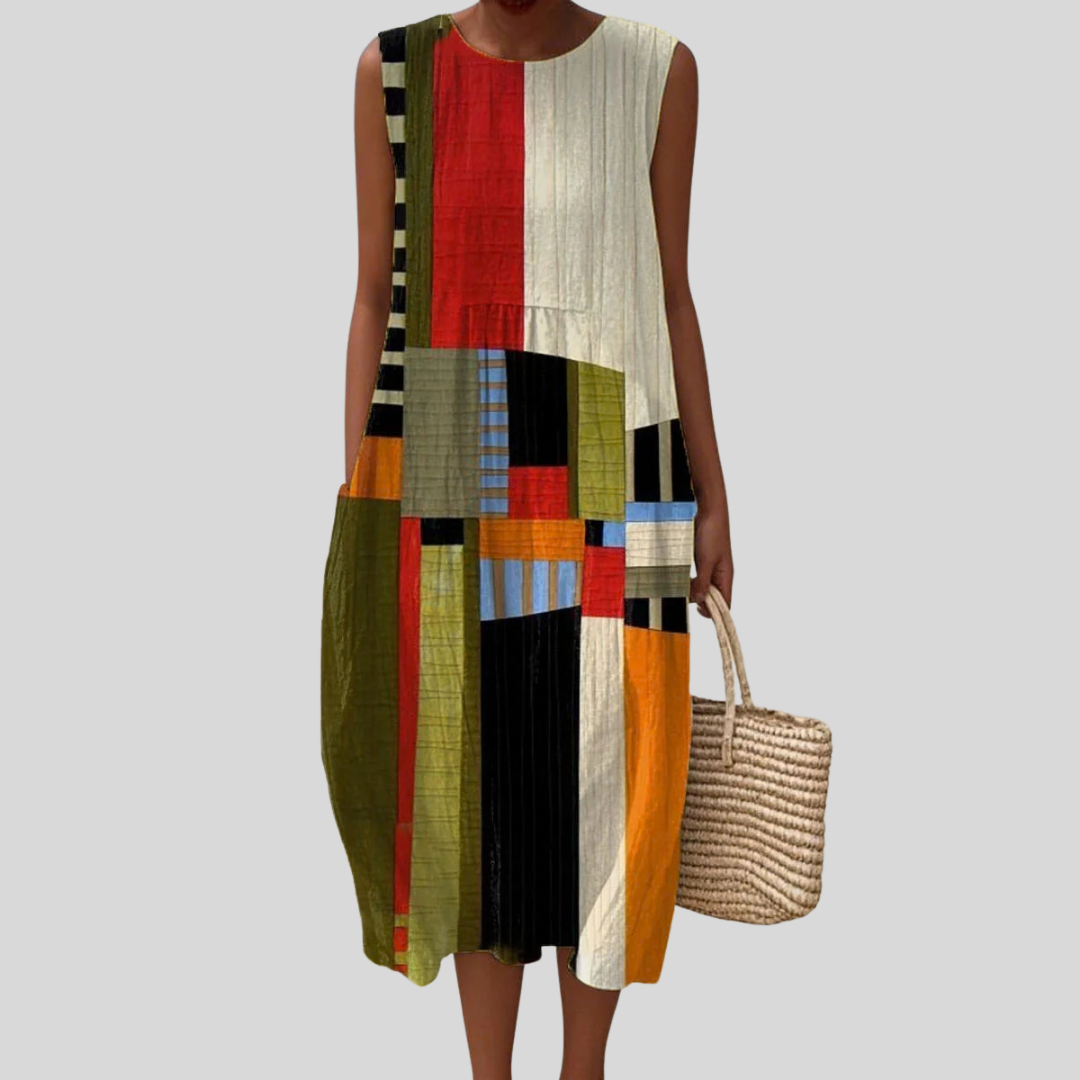 Geometric Colorblock Sleeveless Round Neck Pocket Midi Dress
