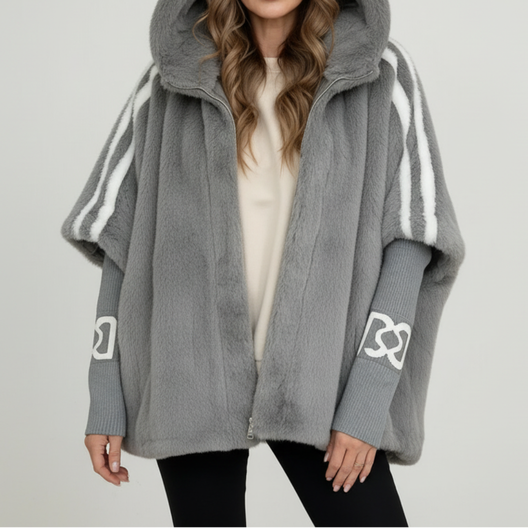 Hooded Faux Fur Zip Front Poncho Jacket