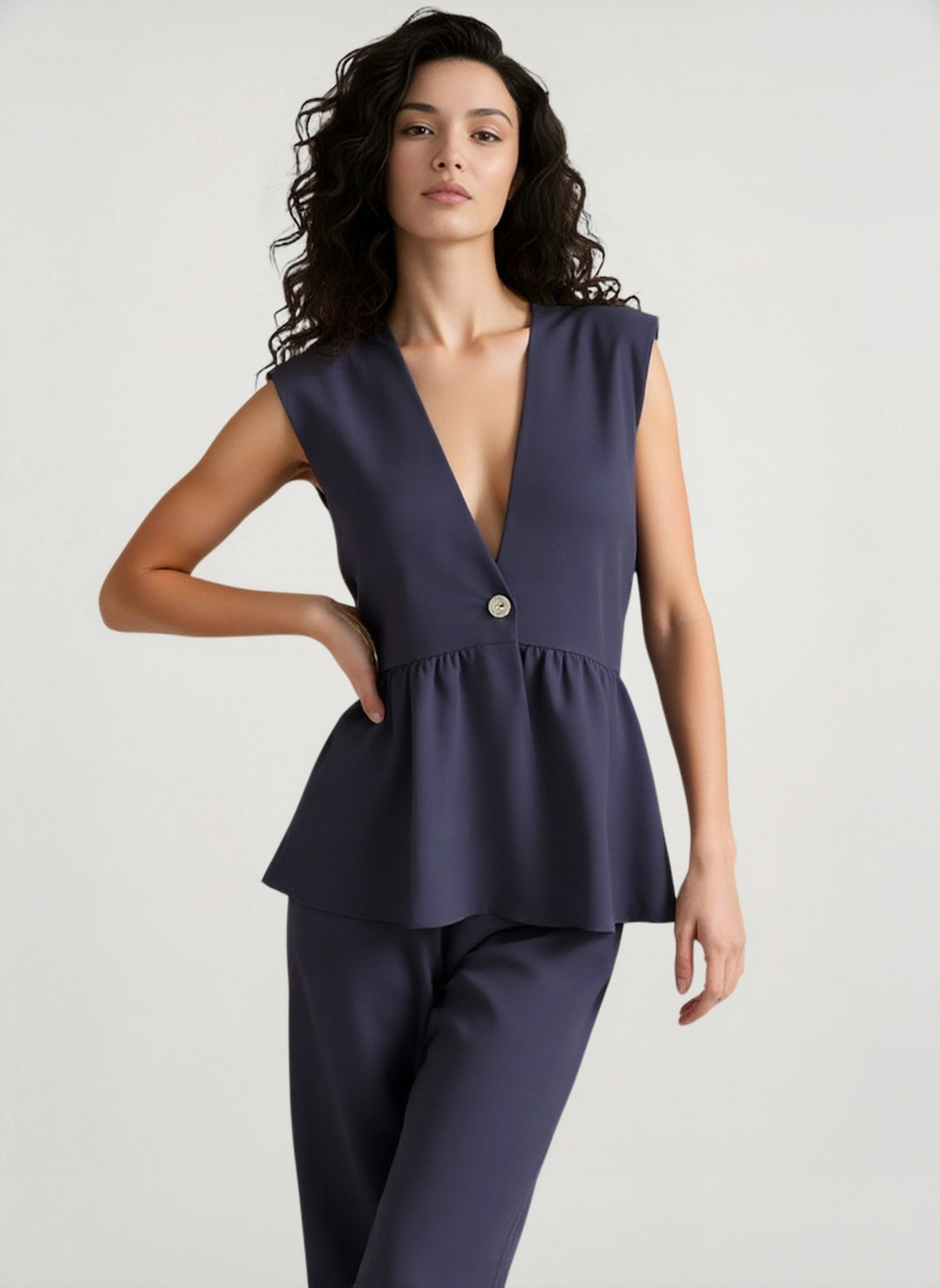 V-Neck Sleeveless Peplum Vest Top and Wide Leg Pants Two Piece Set 6