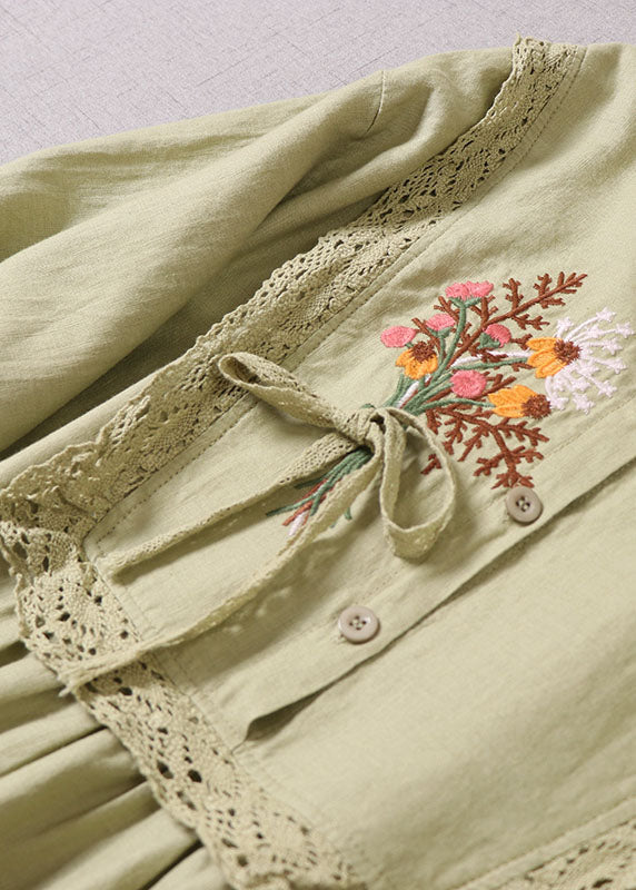 Embroidered Floral Lace Trim Empire Waist Long Sleeve A-Line Midi Dress