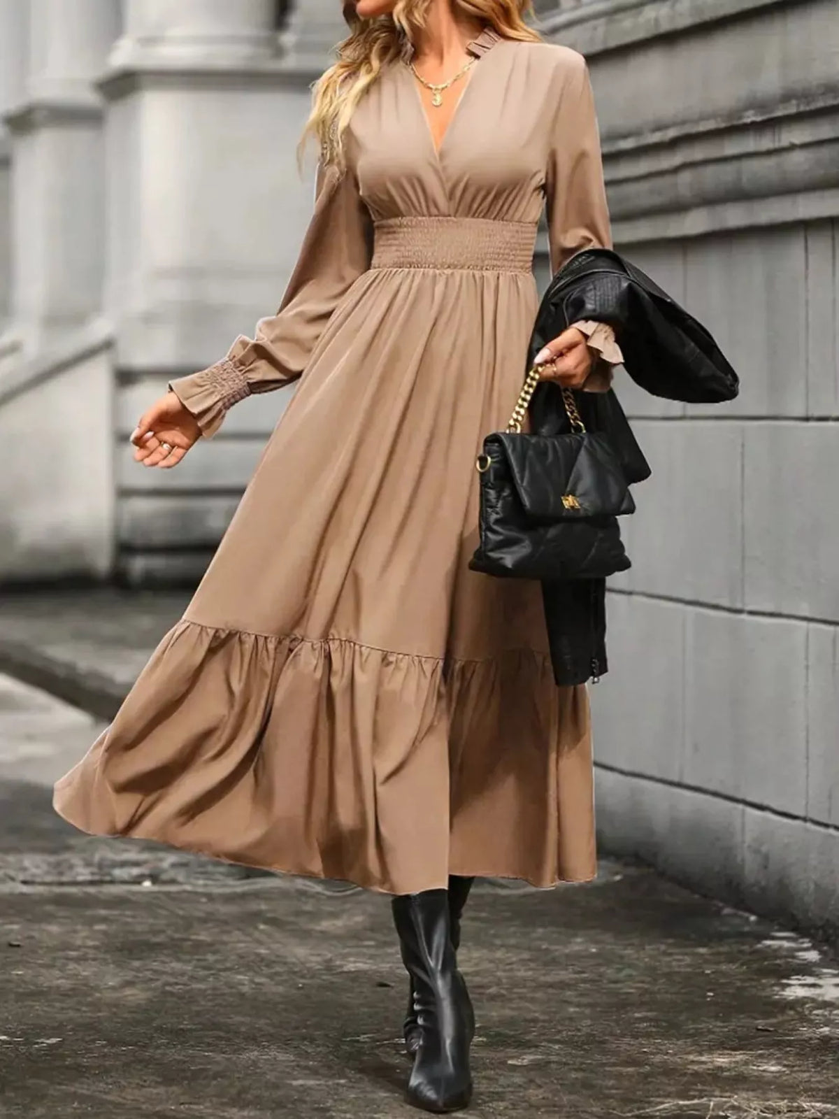 Surplice V-Neck Smocked Waist Balloon Sleeve Tiered Midi Dress 19