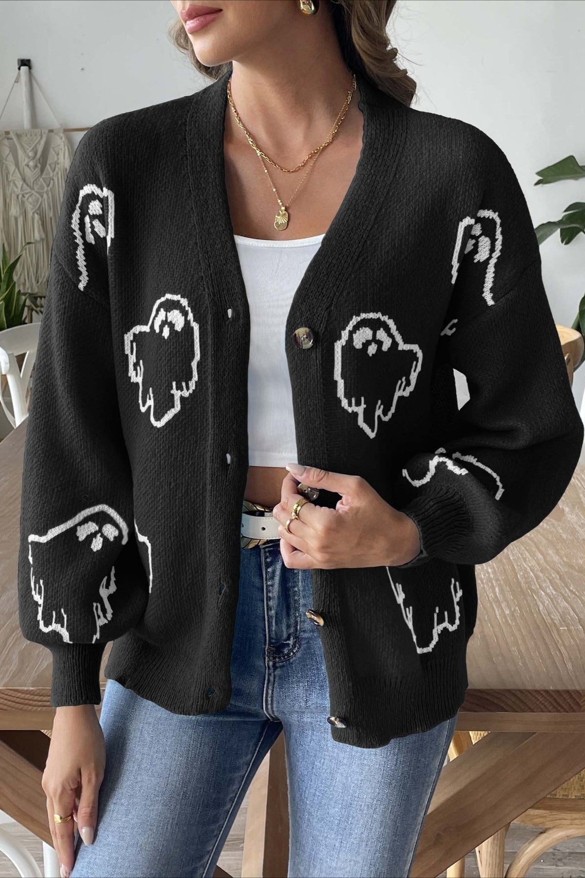 Ghost Pattern V-Neck Drop Shoulder Button Front Knit Cardigan 8