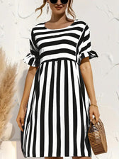 Navy Striped Summer Dress With Short Sleeves S / Navy Blue Striped Dress