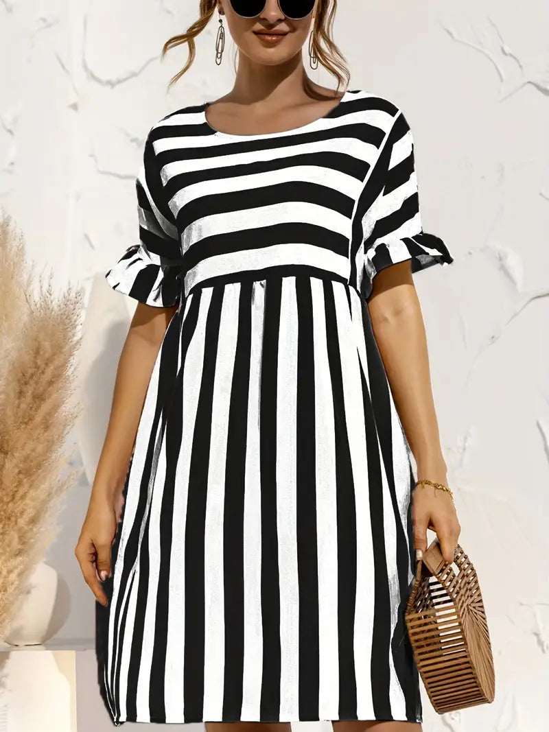Striped Round Neck Ruffle Short Sleeve Empire Waist Smock Dress 6