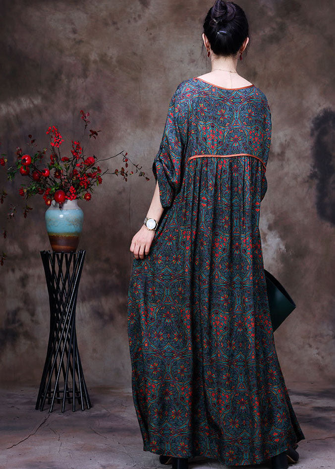 Patchwork Print Round Neck Elbow Sleeve Gathered Waist Boho Maxi Dress