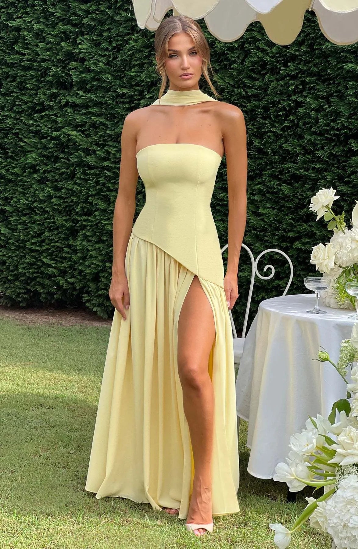Strapless Asymmetric Drop Waist High Split Maxi Dress with Scarf 2