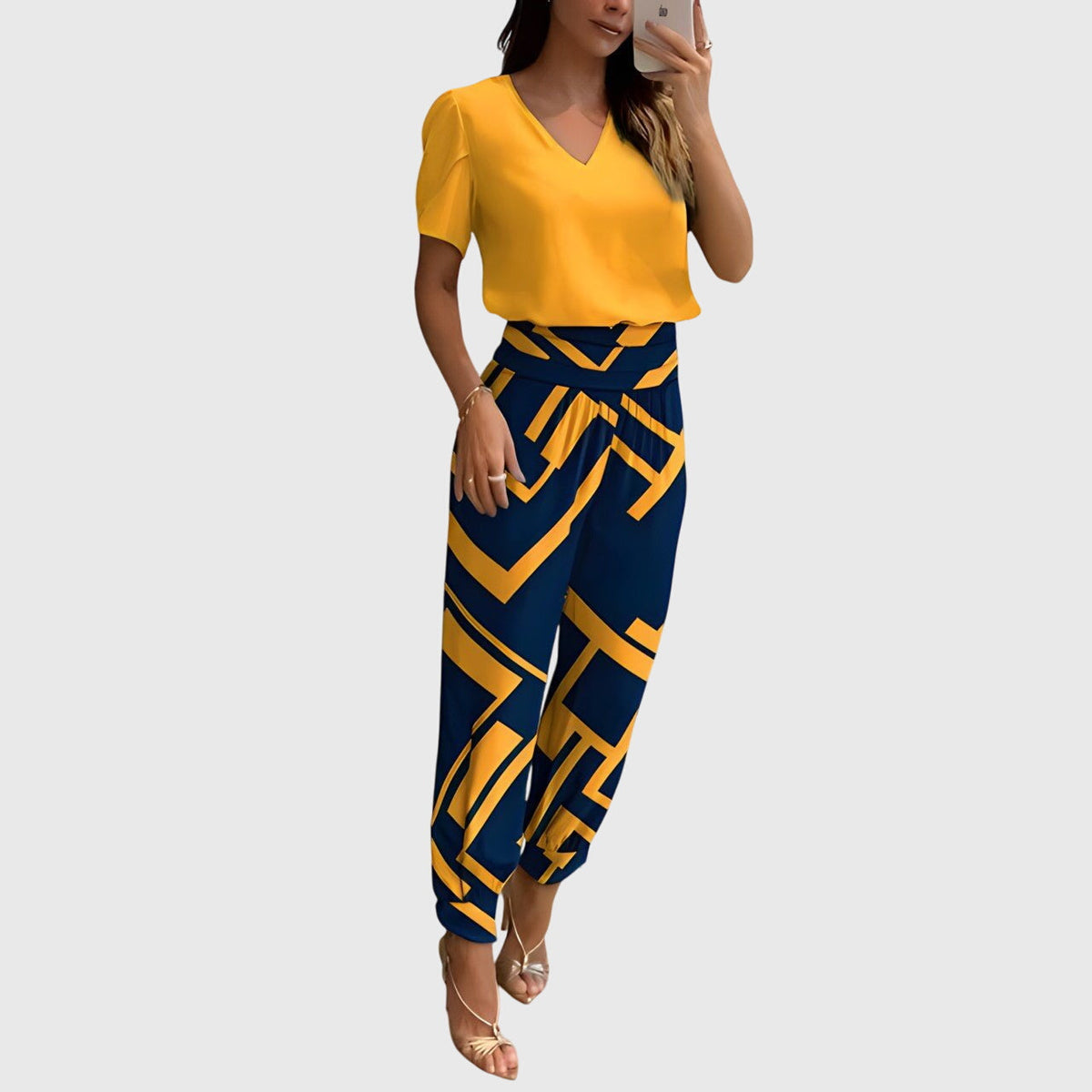 V-Neck Top and Geometric Print Pants Two Piece Set