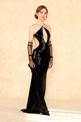 European Style Halter Backless Sequin Cutout Party Dress