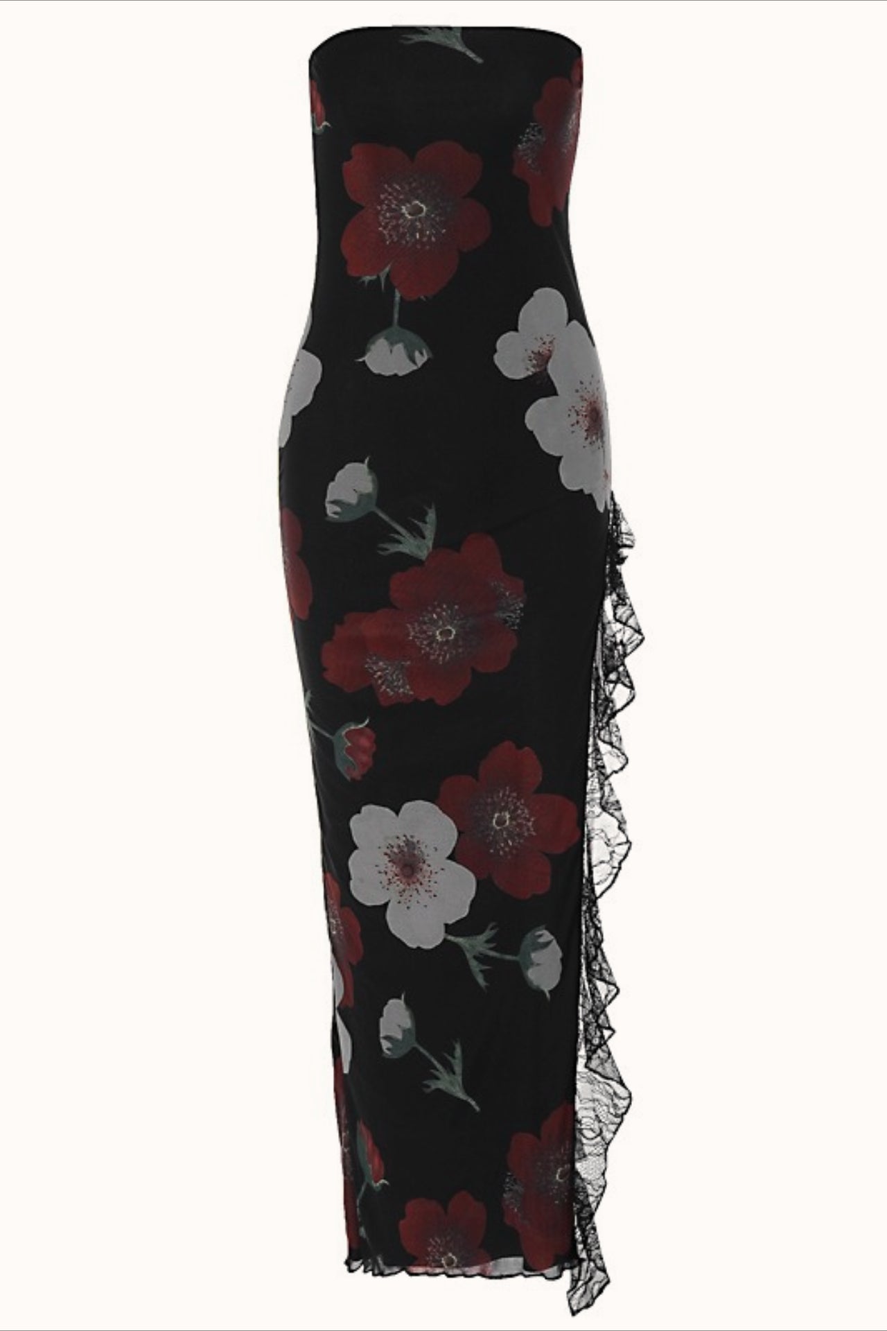 Off Shoulder Mesh Strapless Slit Slim Floral Dress 9