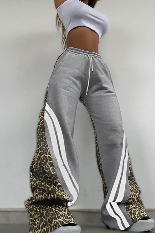 Leopard Print Panel Striped Drawstring Waist Fleece Sweatpants 4