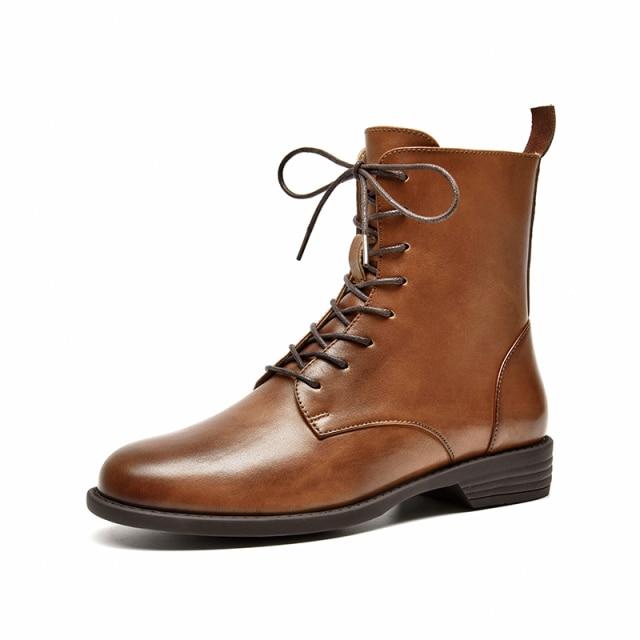 Ankle Boots Women Genuine Cow Leather Waxing Round Toe Lace Up Zip Fashion Motorcycle Female Shoes Handmade